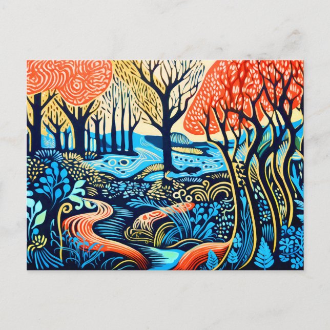 Geometric Wilderness i Linocut Winter Helg Vykort (Framsida)