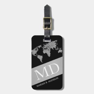Geometric World Traveler karta Silver metall Monog Bagagebricka