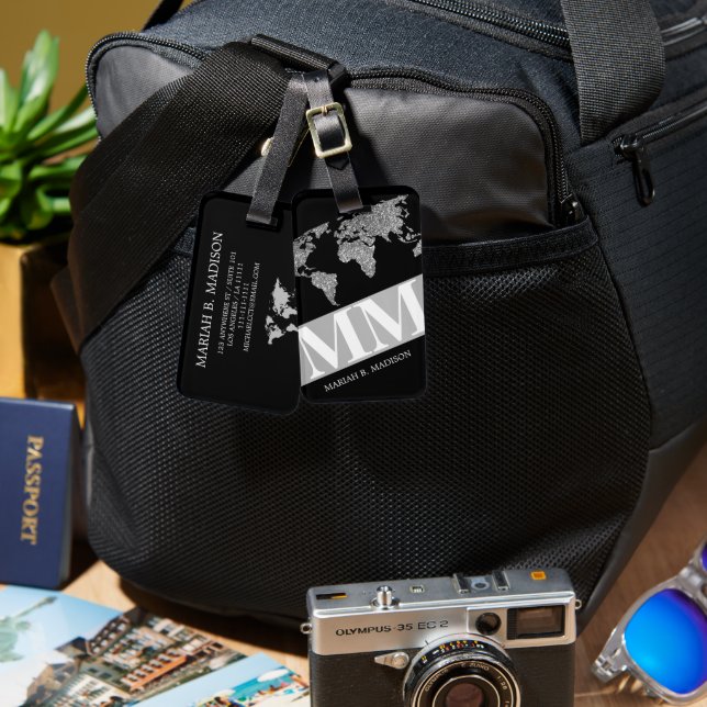 Geometric World Traveler karta Silver metall Monog Bagagebricka (Fram & Baksida)