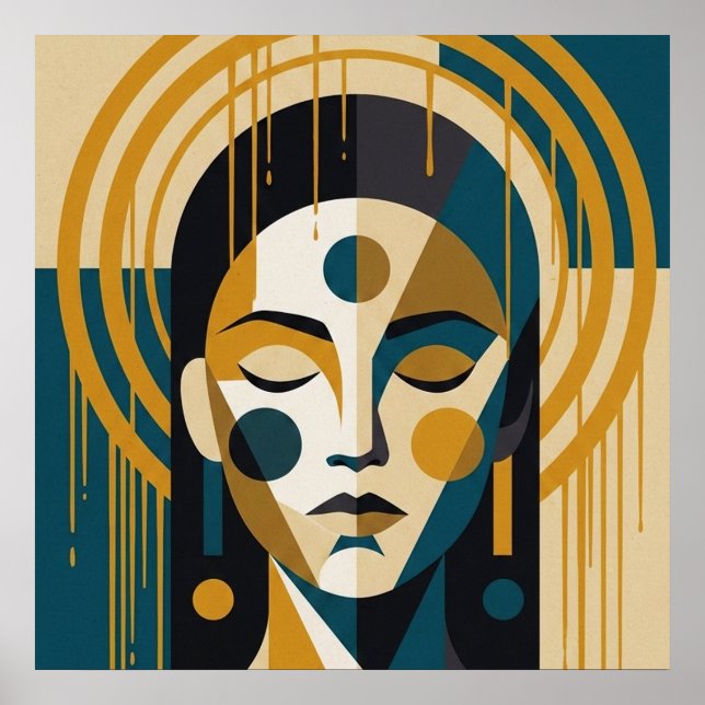 Geometric Zen Portrait in Teal and Ochre Poster (Framsidan)