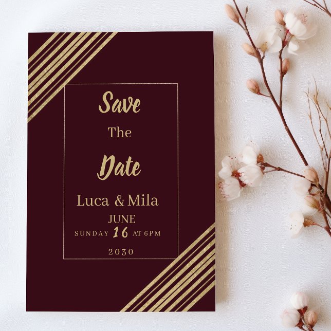 Geometrical burgundy gold typo Save the Date Inbjudningar (Geometrical burgundy gold typo Save the Date)