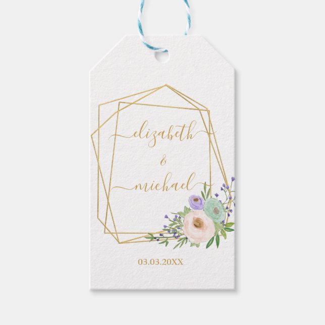 Geometrische Gold-Pastel-Blumen-Hochzeit Presentetikett (Framsidan)