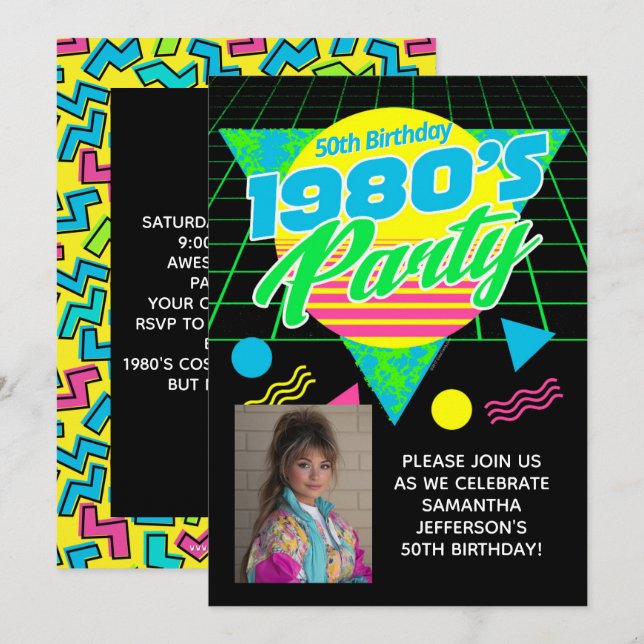 Geometrisk 1980s 80s 50-års födelsedagsfest inbjudningar (Fram/baksida)