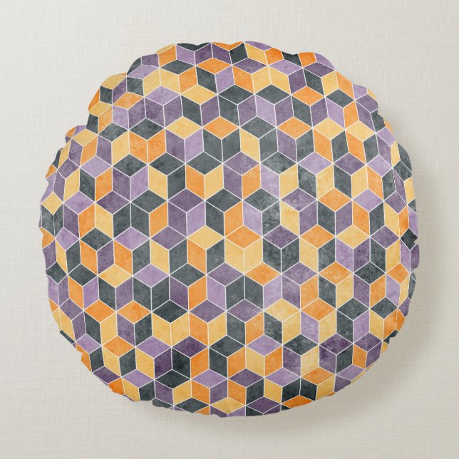 Geometrisk 3D-kub Sömlöst Mönster Rund Kudde (Framsidan)