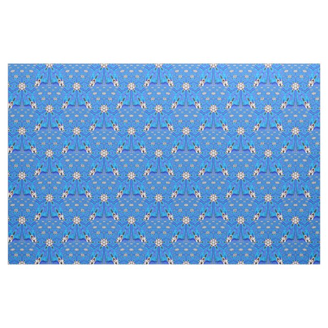 geometrisk 6-punkts vita blommor på blå tyg (Fat Quarter)