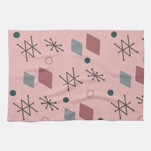 Geometrisk Abstrakt Art Rosa Grått 1950-talet Kökshandduk (Horisontell)