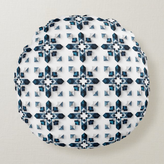 Geometrisk abstrakt design i blått och vitt rund kudde (Framsidan)