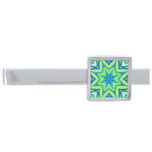 Geometrisk abstrakt - grönt och blått silverpläterad slipsnål