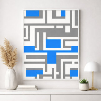 Geometrisk abstrakt i blått, vitt och Grått Poster