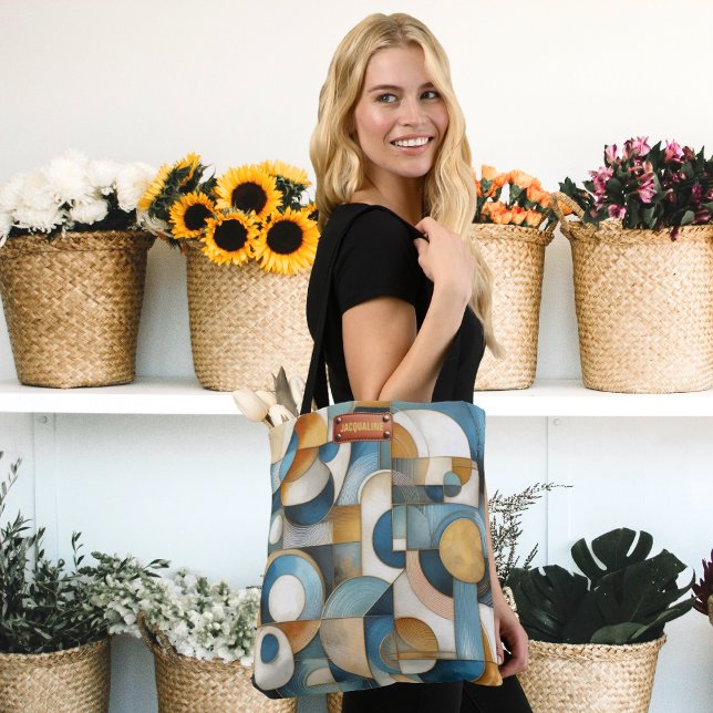 Geometrisk Abstrakt i Blue White Guld Tygkasse (Abstract art design tote bag, with name tag area, in-situ.)