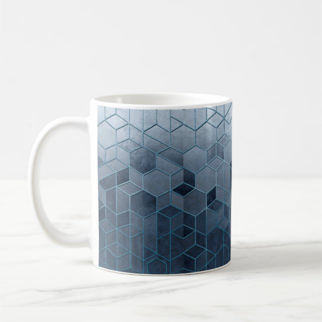 Geometrisk abstraktion av hexagoner i blå relief kaffemugg (Vänster)