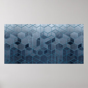 Geometrisk abstraktion av hexagoner i blå relief poster
