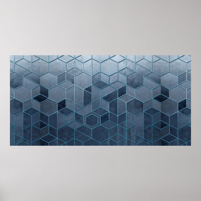 Geometrisk abstraktion av hexagoner i blå relief poster (Framsidan)