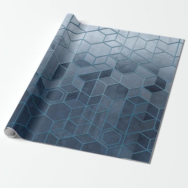 Geometrisk abstraktion av hexagoner i blå relief presentpapper (Utrullad)