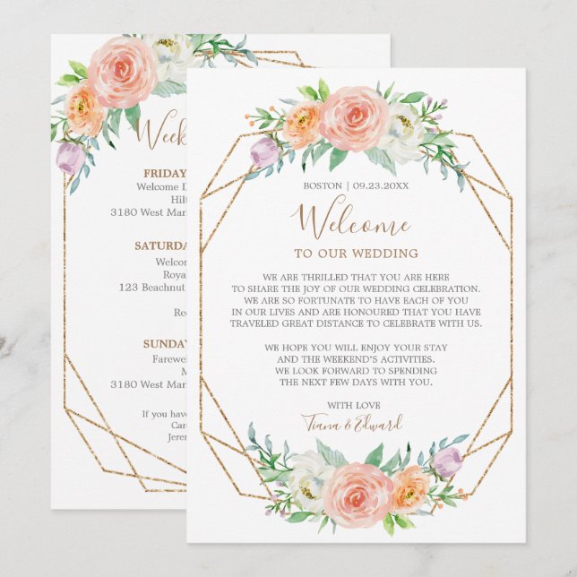 Geometrisk akvarellblomma bröllop välkomstkort inbjudningar (Fram/baksida)