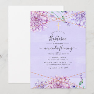 Geometrisk aptism i lavender och Guld Blommigt Inbjudningar