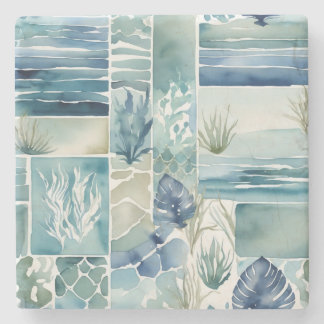 Geometrisk Aqua Flora Akvarell Dekor Stenunderlägg
