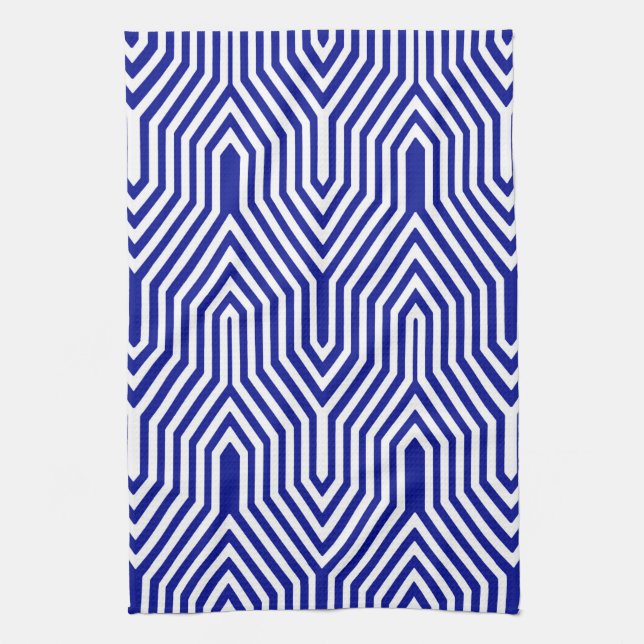 Geometrisk art déco - koboltblått och vit kökshandduk (Vertikal)
