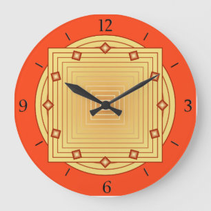 Geometrisk art déco, Mandarinorange och gult Stor Klocka
