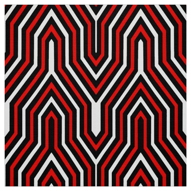 Geometrisk art déco - rött, svartvitt tyg (Provkarta)