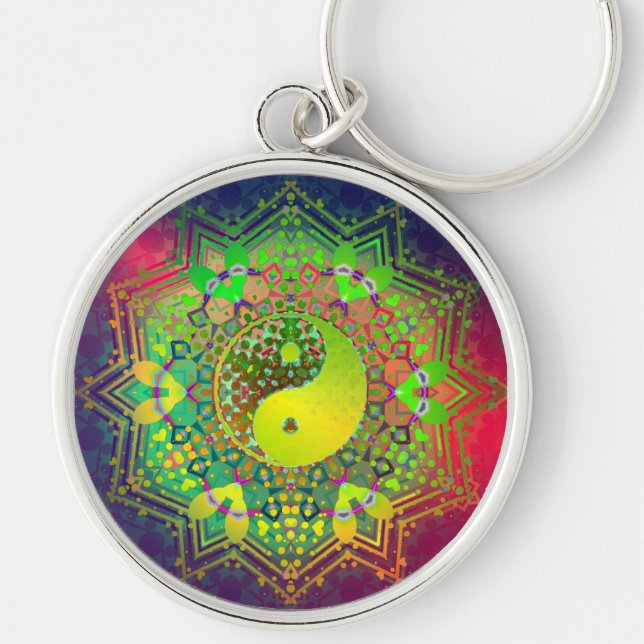 Geometrisk balans YIn Yang Keychain Rund Silverfärgad Nyckelring (Framsidan)