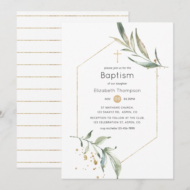 Geometrisk baptism i Greenery och Guld Glitter Inbjudningar (Fram/baksida)