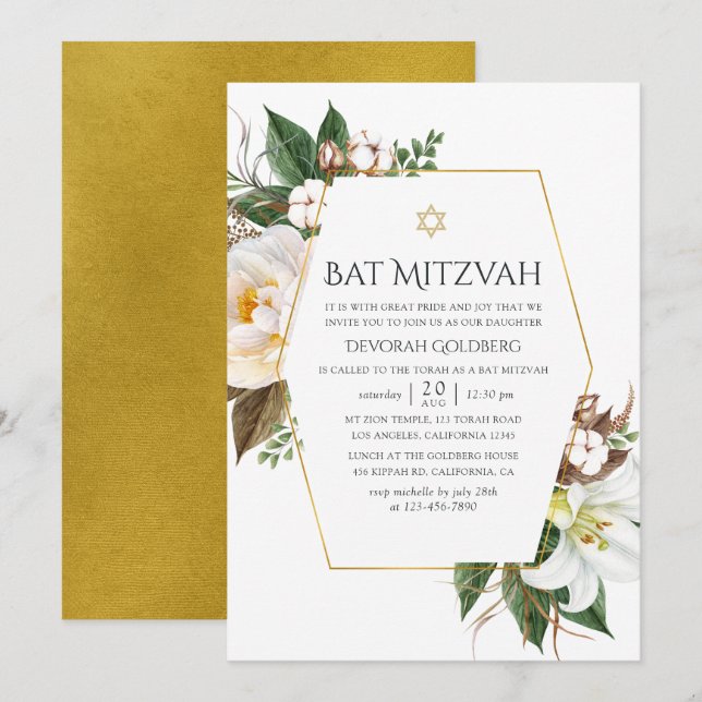 Geometrisk Bat mitzvah för guld Blommigt Inbjudningar (Fram/baksida)