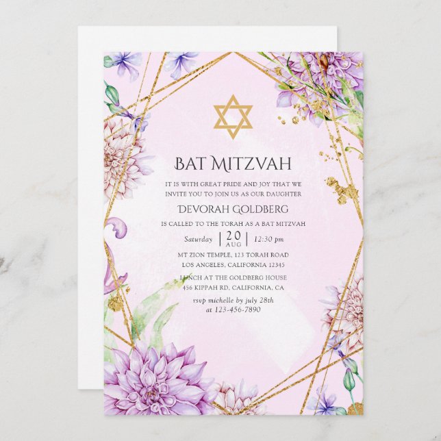 Geometrisk Bat mitzvah lila och Guld Blommigt Inbjudningar (Fram/baksida)