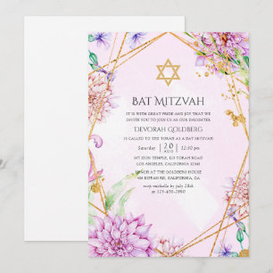 Geometrisk Bat mitzvah lila och Guld Blommigt Inbjudningar
