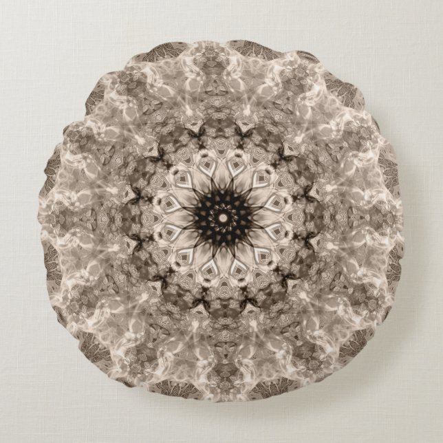 geometrisk, beige, brun, mandala rund kudde (Framsidan)