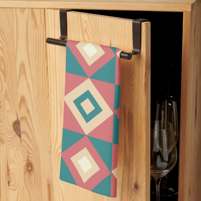 Geometrisk blå persikratromb kökshandduk (Thirds Fold)