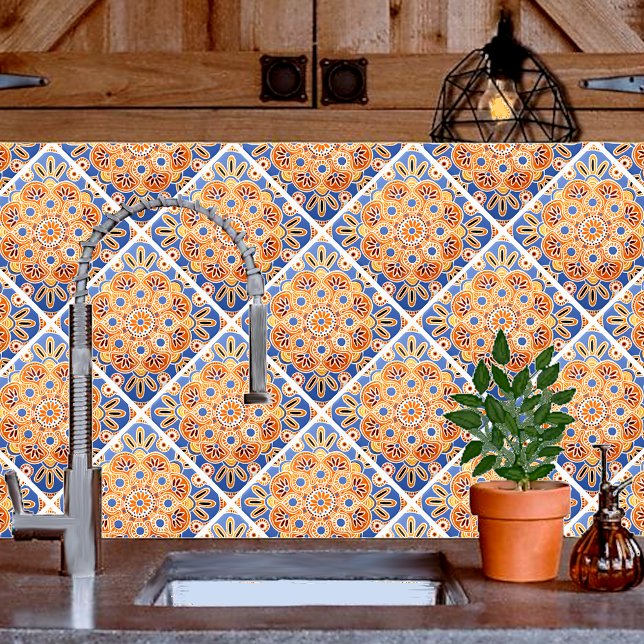 Geometrisk blått och orange för keramiska plattor kakelplatta (Orange and blue kitchen backsplash tile.)