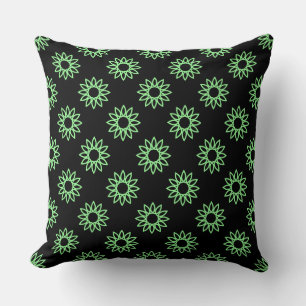 Geometrisk blomma 01 - Mint-Grönt på svart Kudde