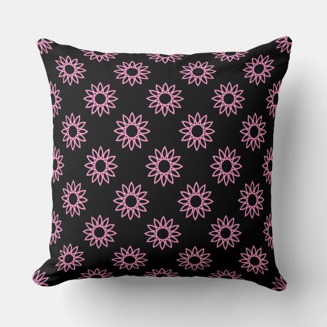 Geometrisk blomma 01 - Rosa på svart Kudde (Framsida)