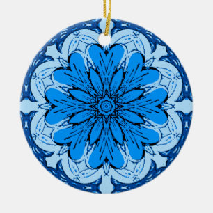 Geometrisk blomma Mönster i Cerulean och Light Blu Julgransprydnad Keramik