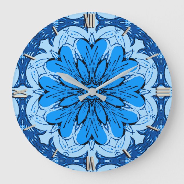 Geometrisk blomma Mönster i Cerulean och Light Blu Stor Klocka (Framsida)