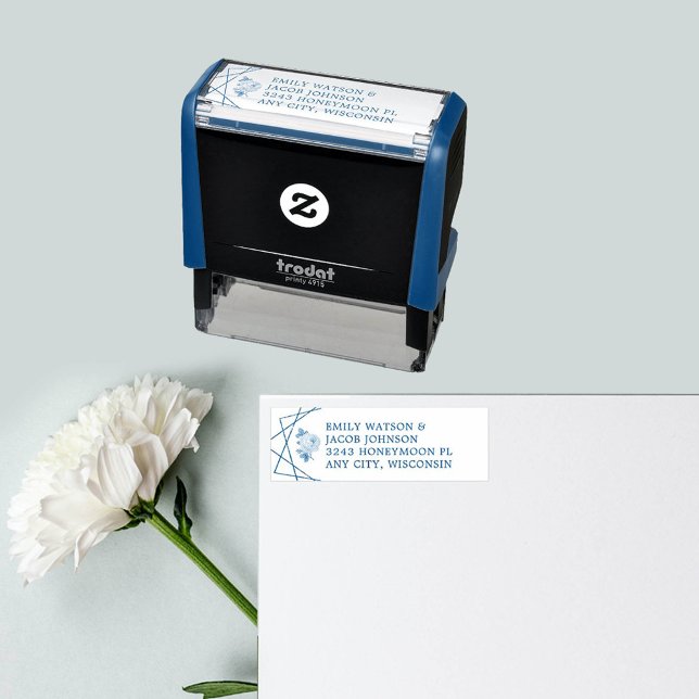 Geometrisk Blommigt Bröllop par Adress Självfärgande Stämpel (Geometric Floral Wedding Couple Address Self-inking Stamp)
