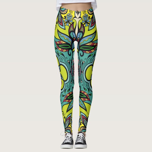 Geometrisk blommigt, färglös abstrakt, sömlös text leggings (Framsida)