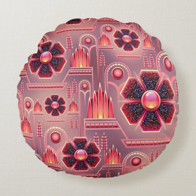 Geometrisk blommigt för Art deco-blomman mönster-v Rund Kudde (Framsidan)