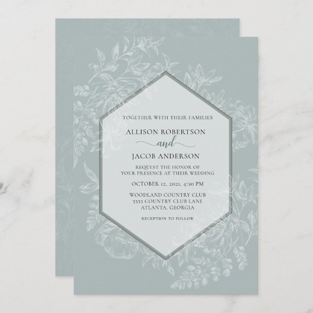 Geometrisk Blommigt för mjuk Grönt Bröllop Inbjudningar (Fram/baksida)