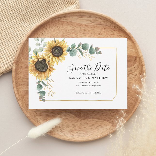 Geometrisk Blommigt för modern eukalyptus-solros Spara Datumet (Sunflower Floral Eucalyptus Wedding Save the Date Morgana Script)