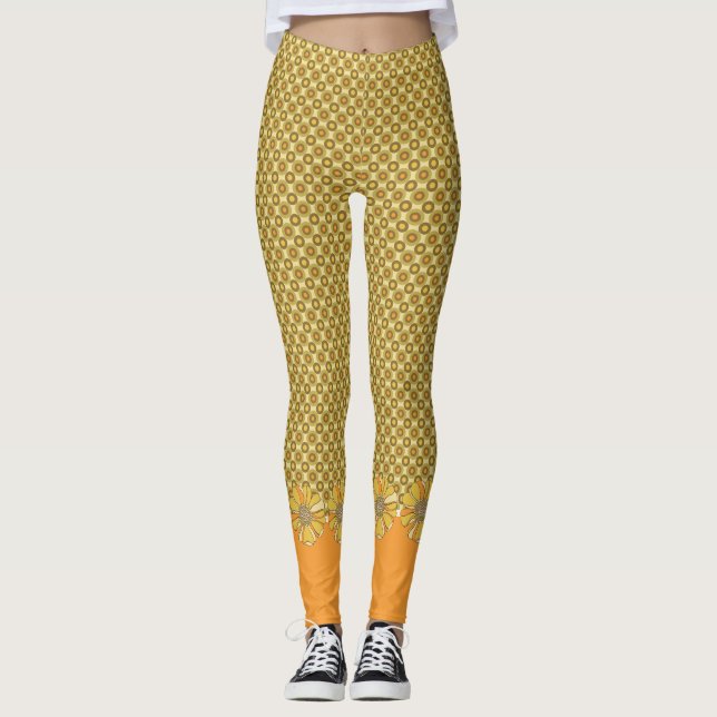 Geometrisk Blommigt för retro-Orange Leggings (Framsida)