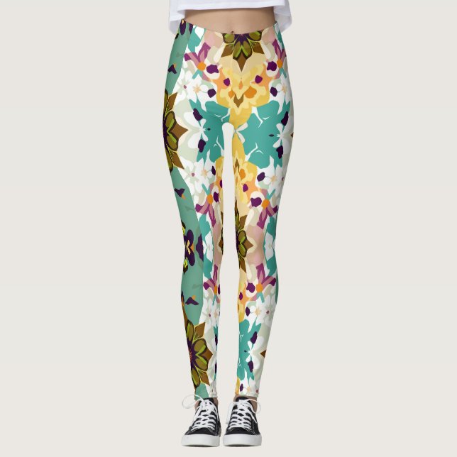 Geometrisk Blommigt Kaleidoscope Seamless Mönster Leggings (Framsida)