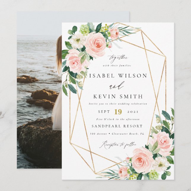 Geometrisk  blommigt ram bröllop inbjudningar (Fram/baksida)