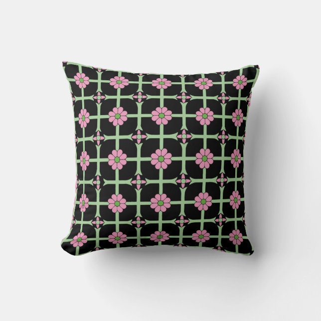 Geometrisk Blommönster Rosa Grönt och svart Kudde (Framsida)