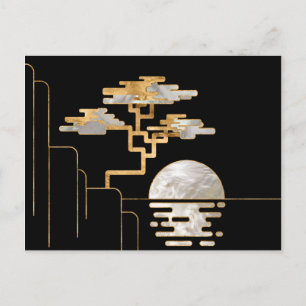 Geometrisk Bonsai och måne - Pärl och guld Vykort