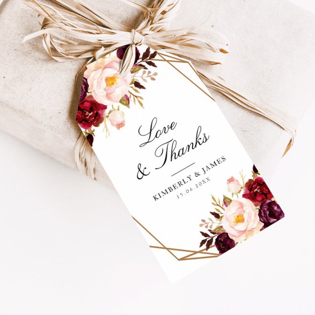 geometrisk bröllop i burgundröd blommigt presentetikett (Skapare uppladdad)