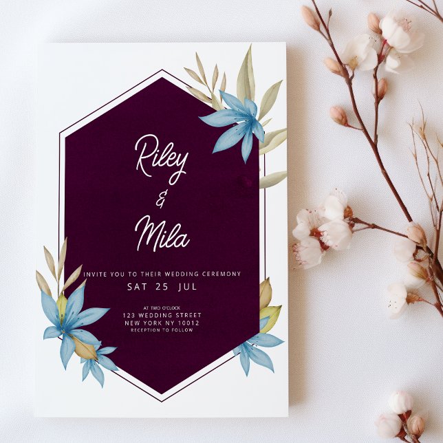 Geometrisk burgundblått blommigt Bröllop Inbjudningar (Geometric burgundy brown blue floral Wedding )
