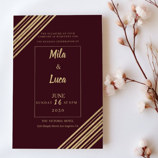 Geometrisk burgunder guld typo Bröllop Inbjudningar (Geometrical burgundy gold typo Wedding )