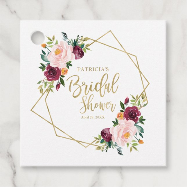 Geometrisk Burgunderrod Blommig Bröllopsfest Gåvor Etiketter (Framsida)